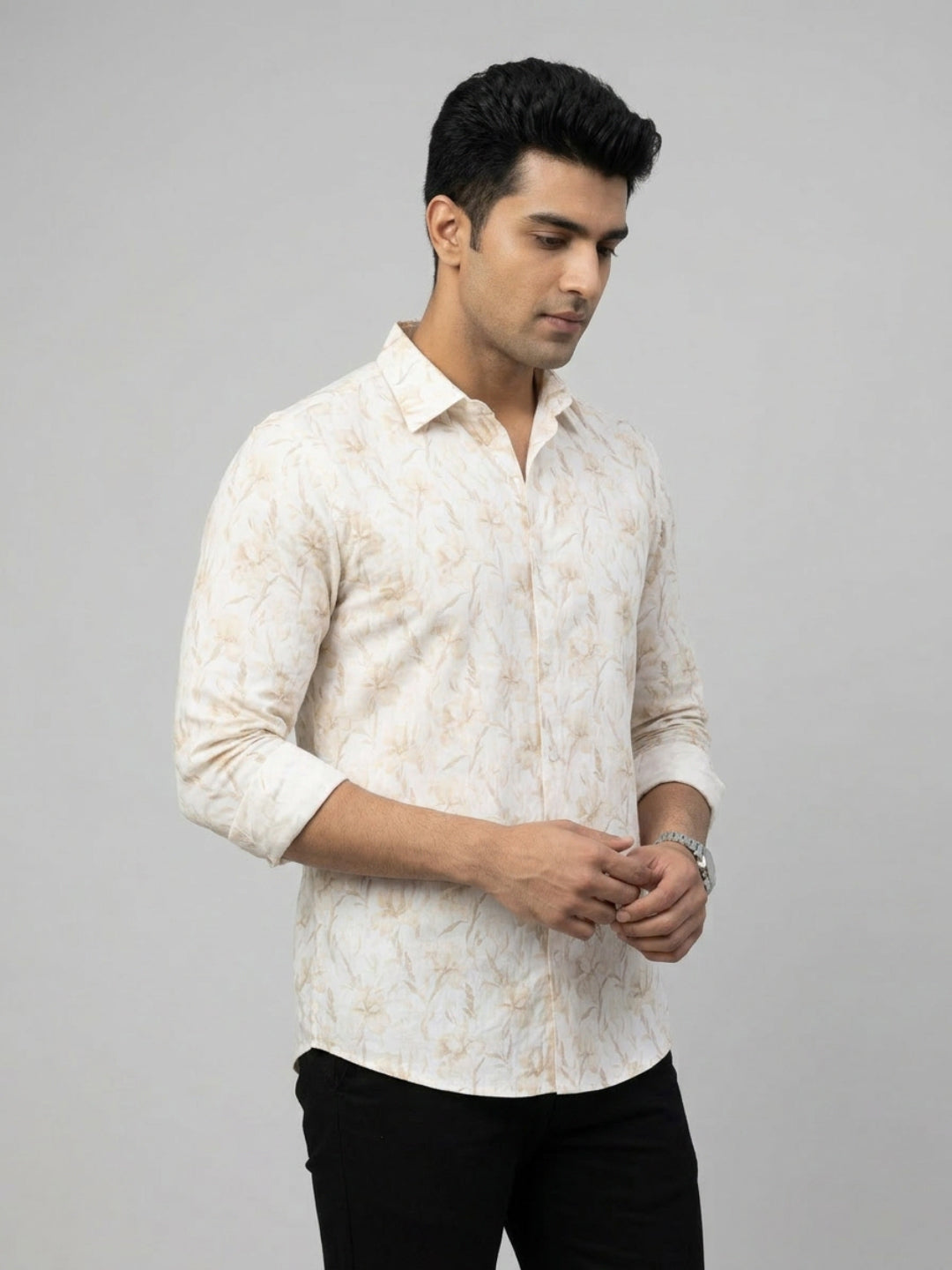 Men Shirt Print Beige Regular Fit