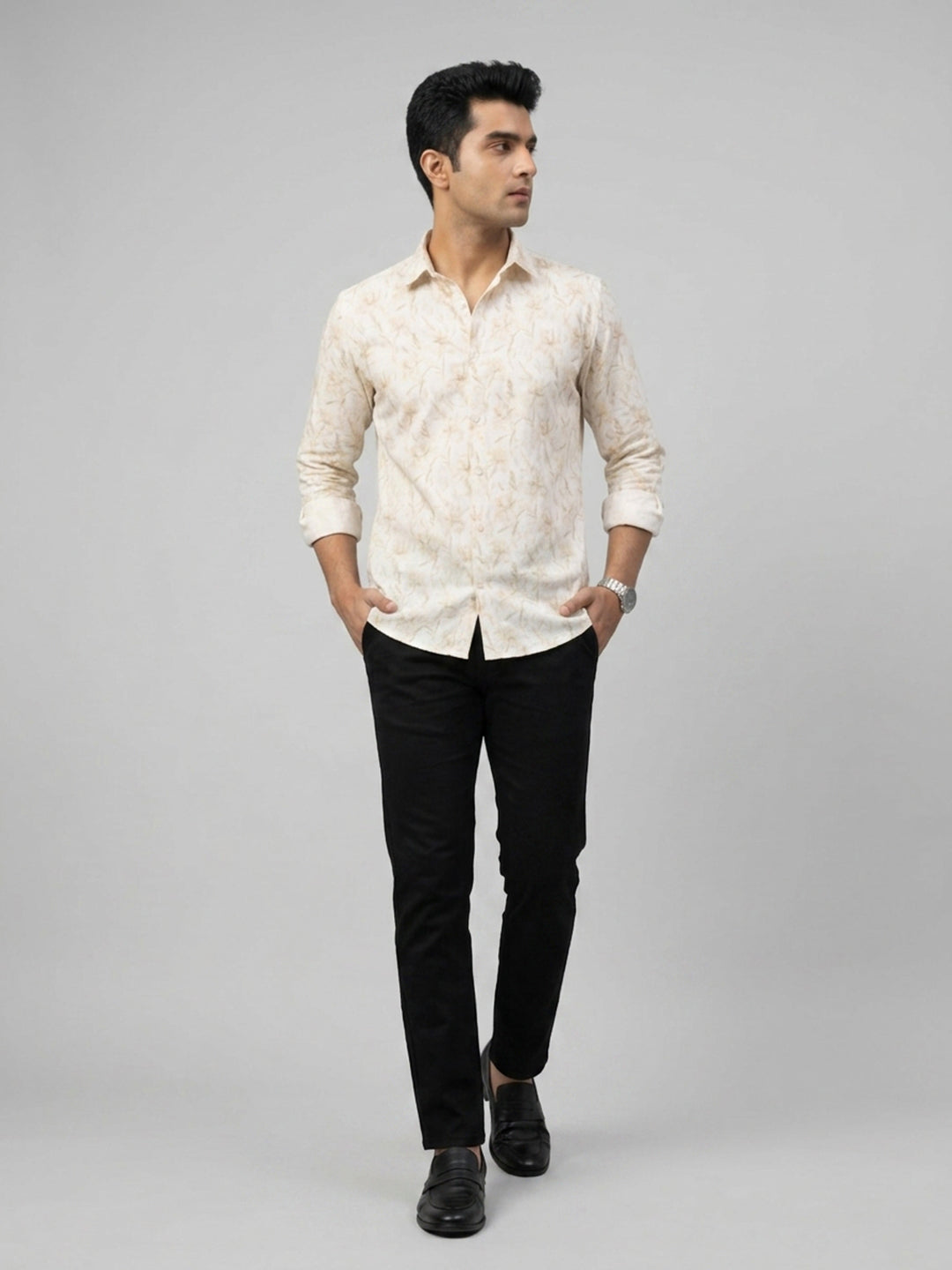 Men Shirt Print Beige Regular Fit