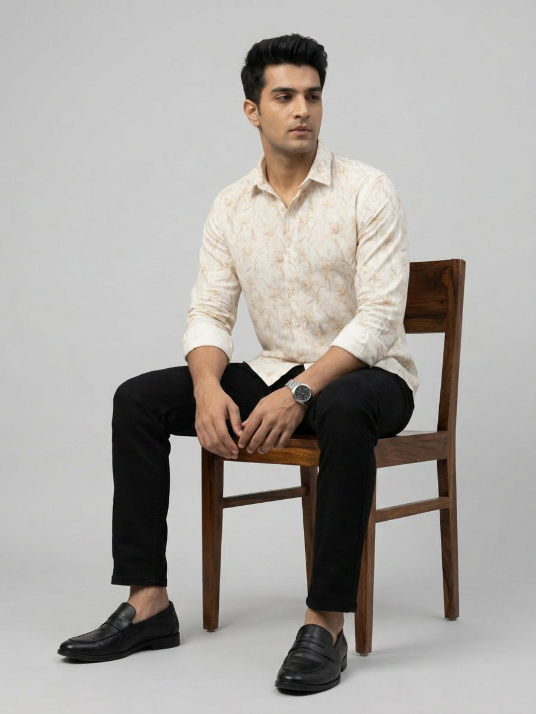 Men Shirt Print Beige Regular Fit