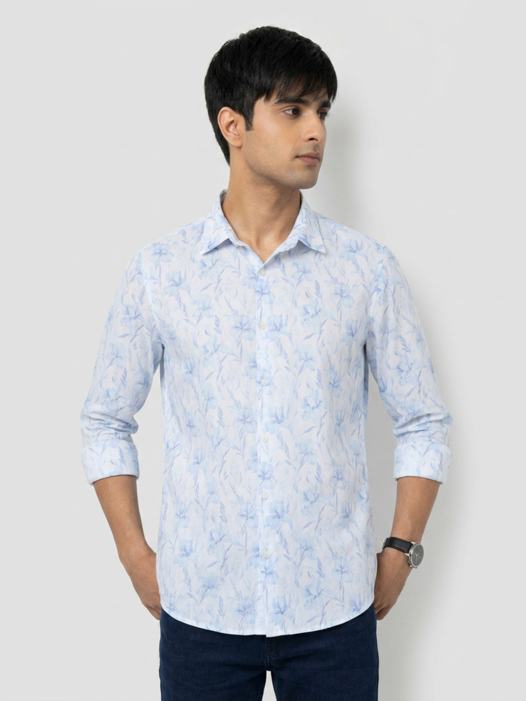 Men Shirt Print Ice Blue Regular Fit