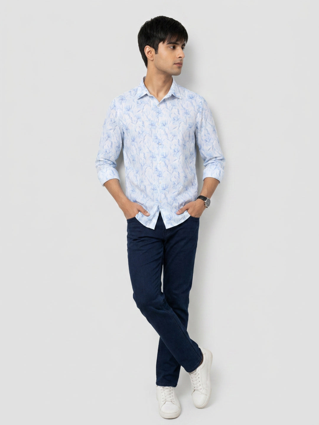 Men Shirt Print Ice Blue Regular Fit