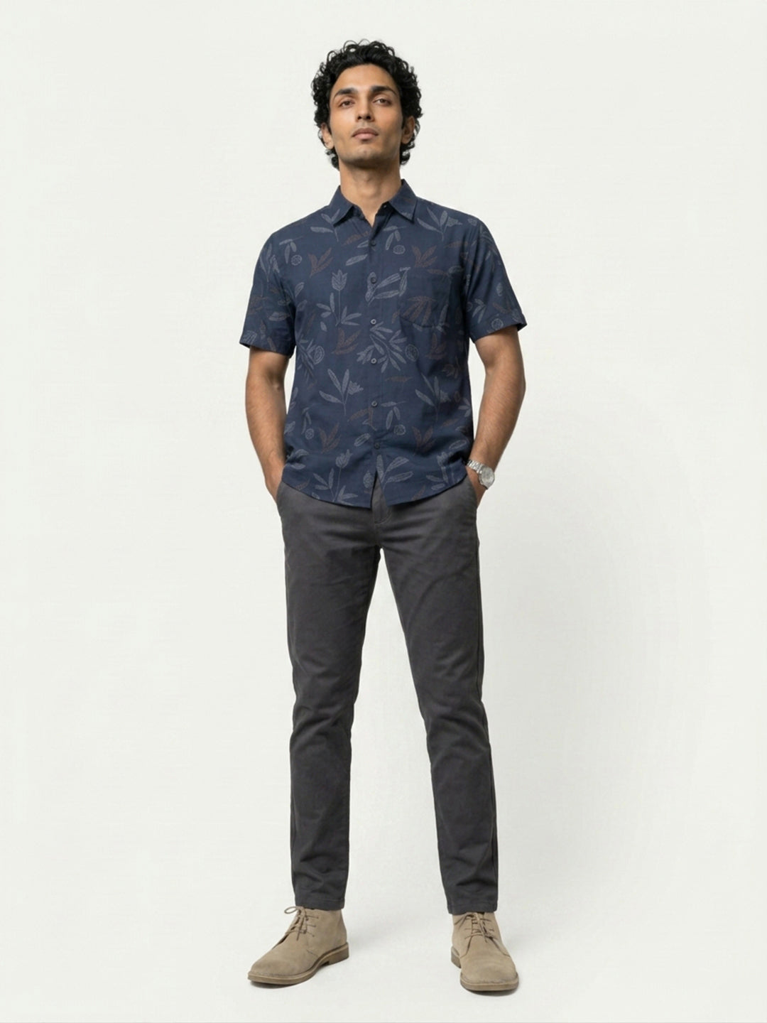 Men Shirt Print Navy Blue Regular Fit