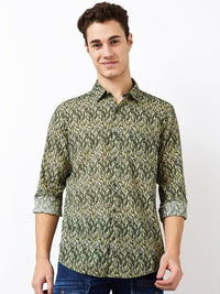 Men Shirt Print Green Slim Fit
