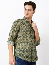 Men Shirt Print Green Slim Fit