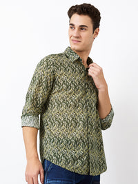 Men Shirt Print Green Slim Fit