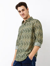 Men Shirt Print Green Slim Fit