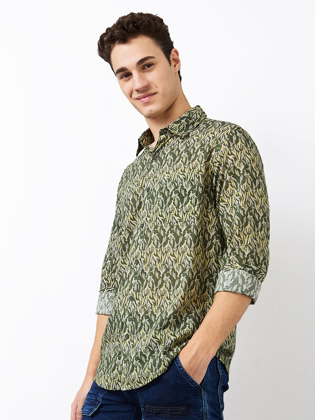 Men Shirt Print Green Slim Fit