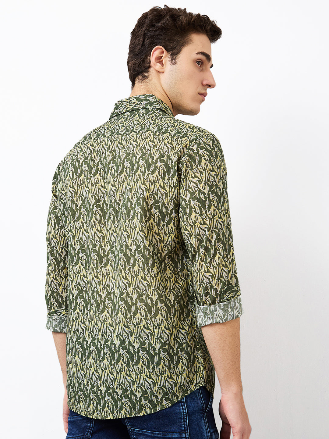 Men Shirt Print Green Slim Fit