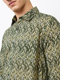 Men Shirt Print Green Slim Fit