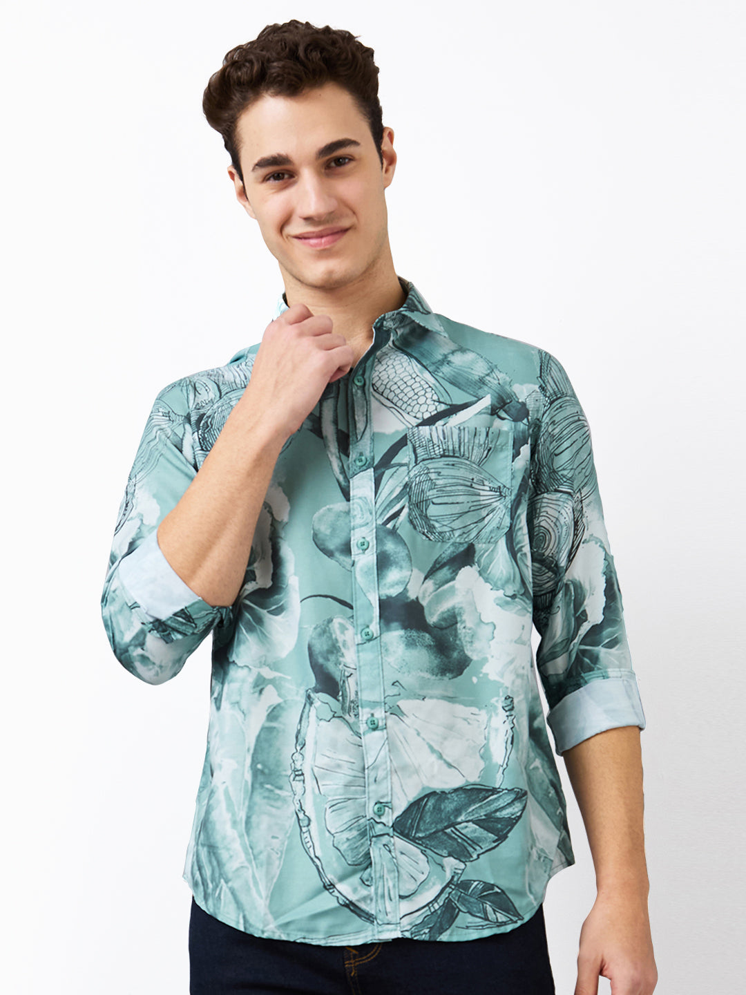 Spykar Green Slim Fit Printed Full Sleeve Shirt For Men