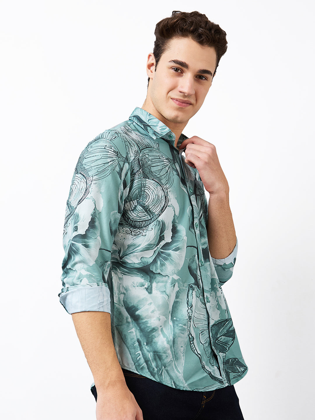 Spykar Green Slim Fit Printed Full Sleeve Shirt For Men