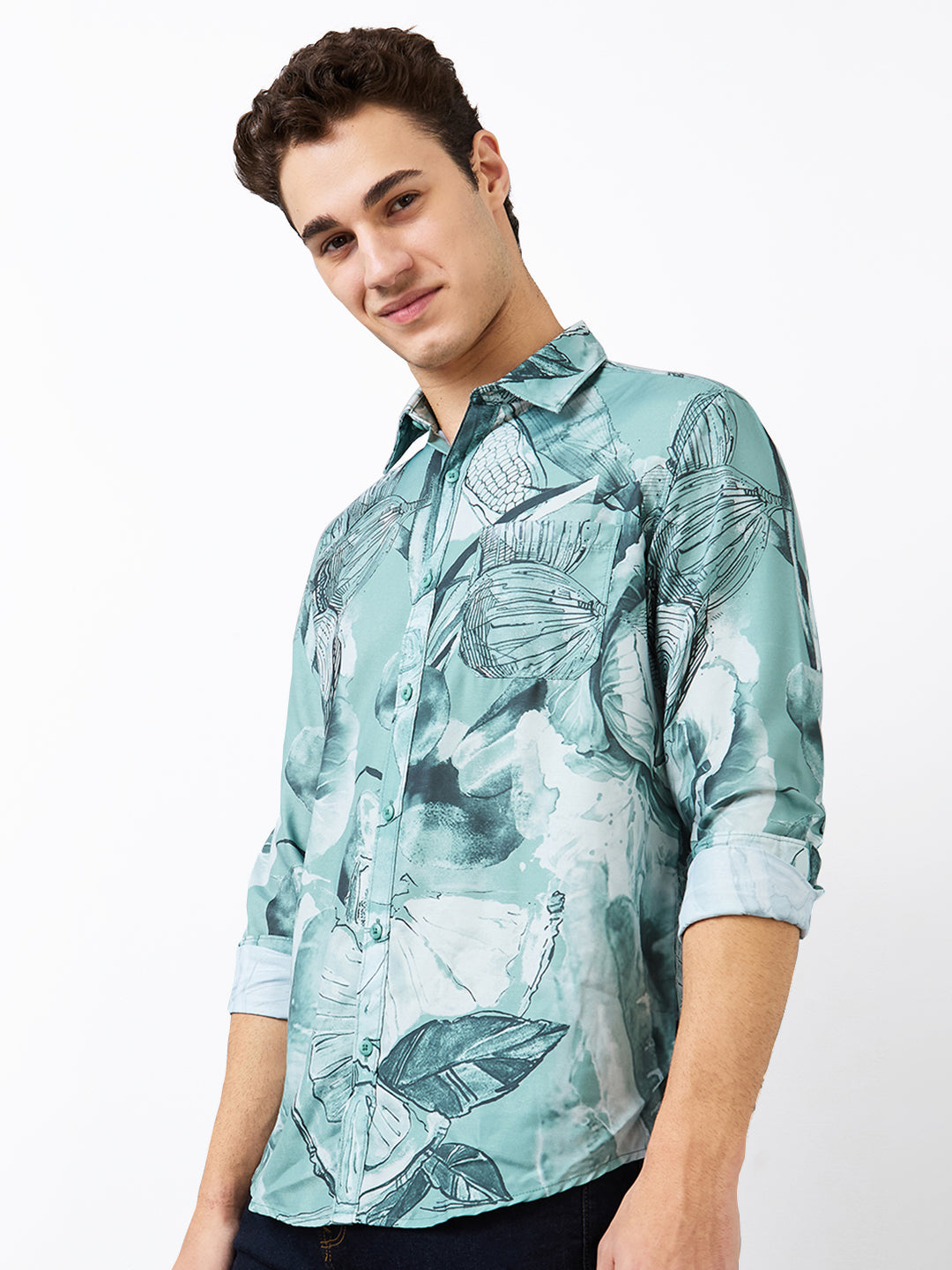 Spykar Green Slim Fit Printed Full Sleeve Shirt For Men