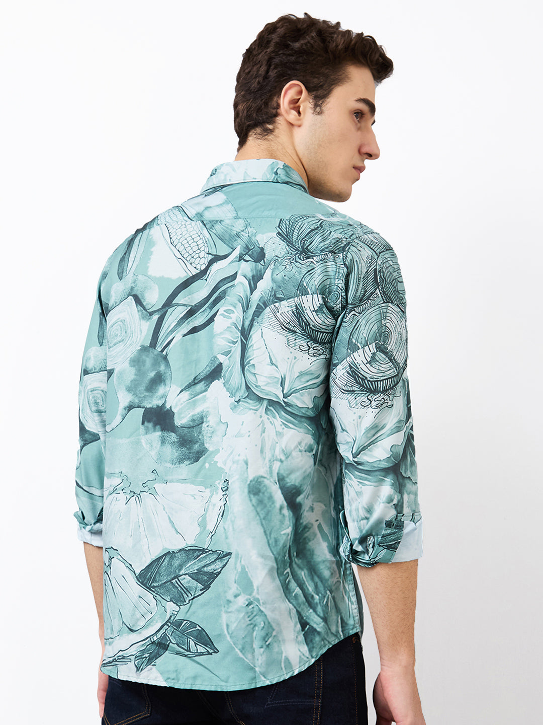 Spykar Green Slim Fit Printed Full Sleeve Shirt For Men