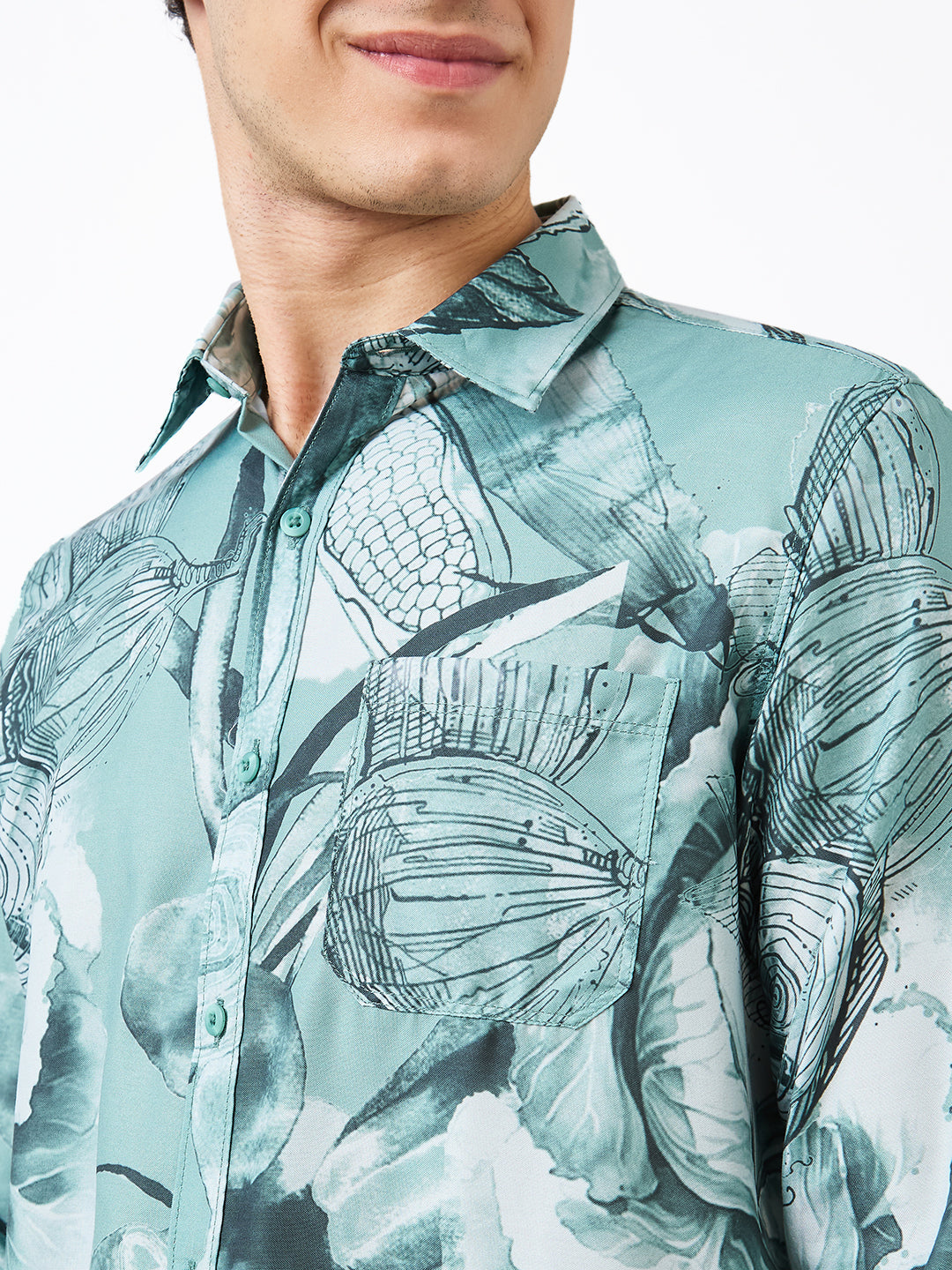 Spykar Green Slim Fit Printed Full Sleeve Shirt For Men