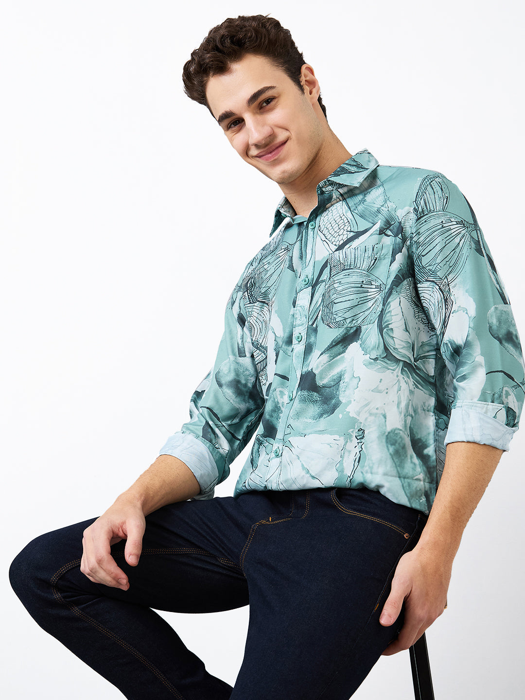 Spykar Green Slim Fit Printed Full Sleeve Shirt For Men