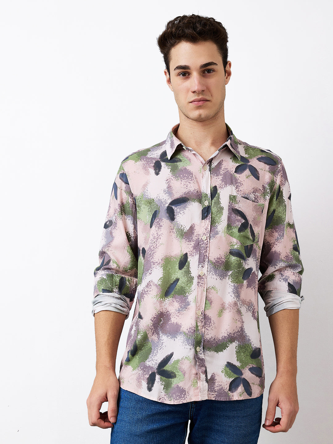 Spykar Pink Slim Fit Printed Full Sleeve Shirt For Men