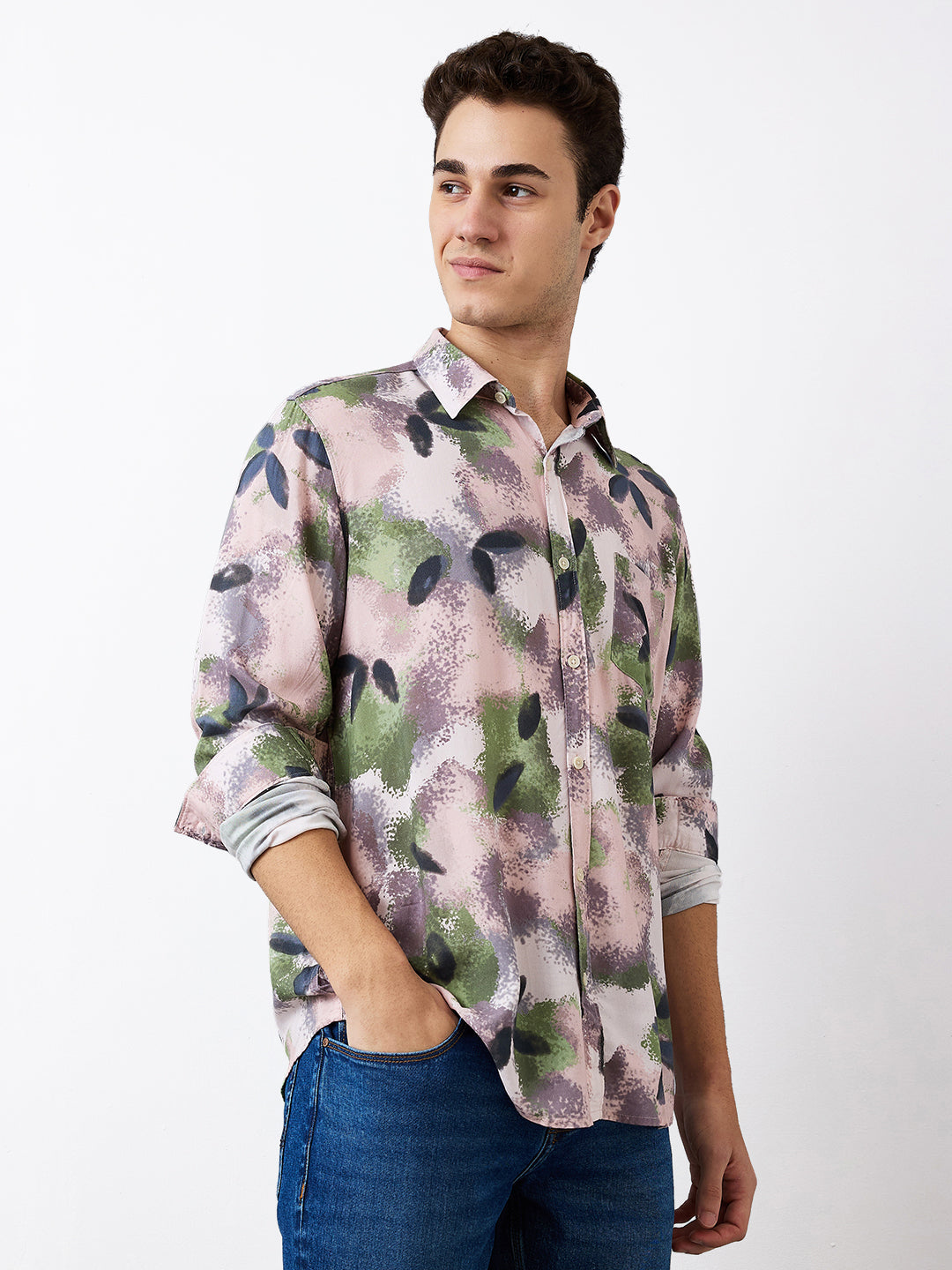 Spykar Pink Slim Fit Printed Full Sleeve Shirt For Men