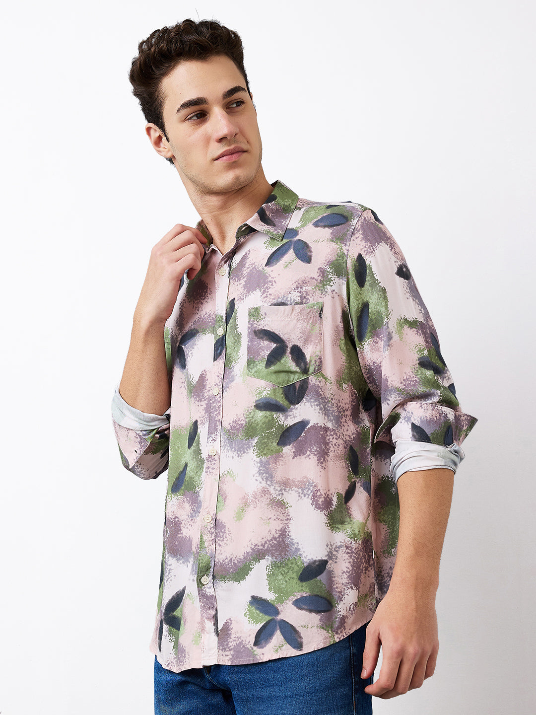 Spykar Pink Slim Fit Printed Full Sleeve Shirt For Men