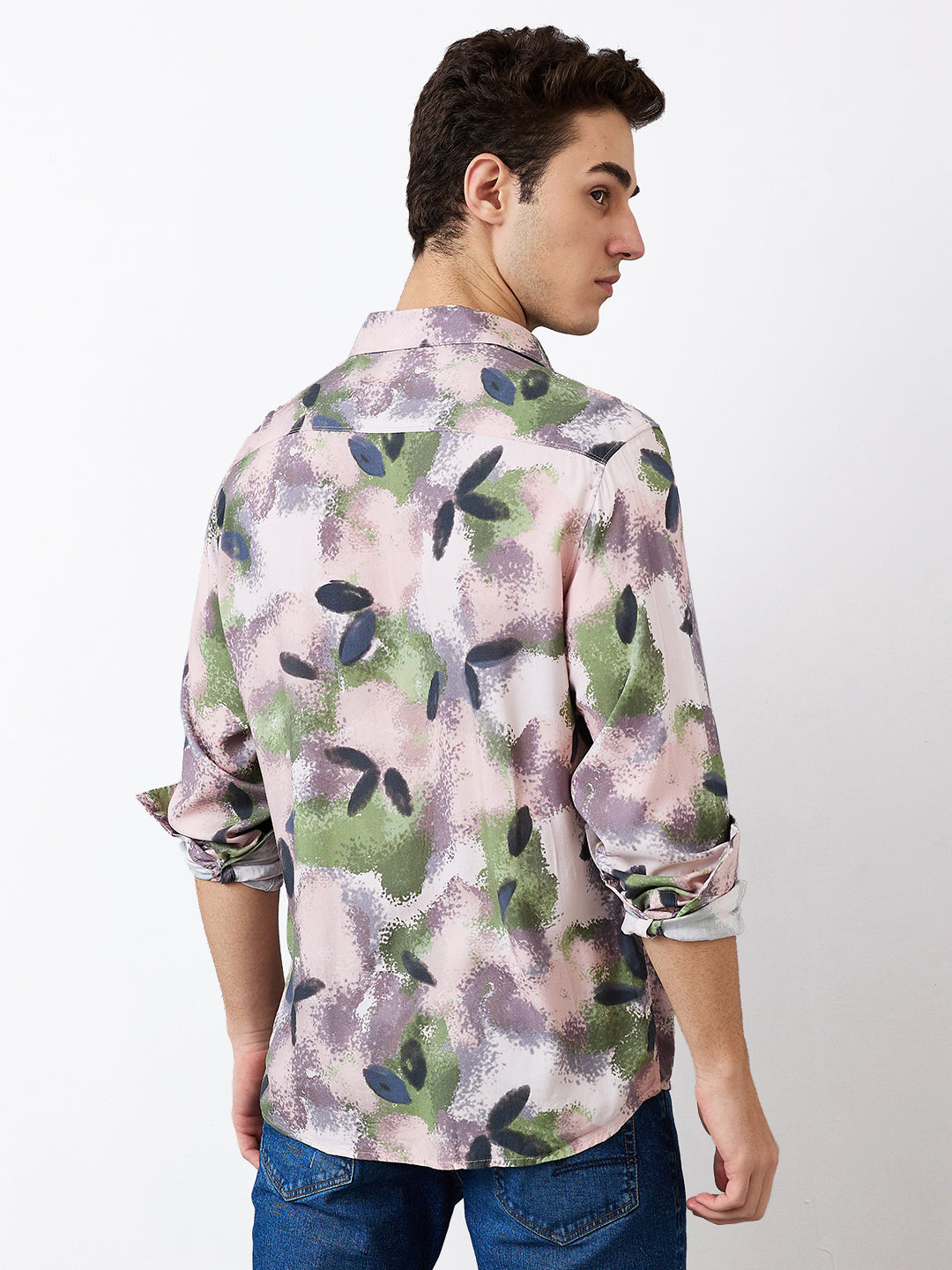 Spykar Pink Slim Fit Printed Full Sleeve Shirt For Men