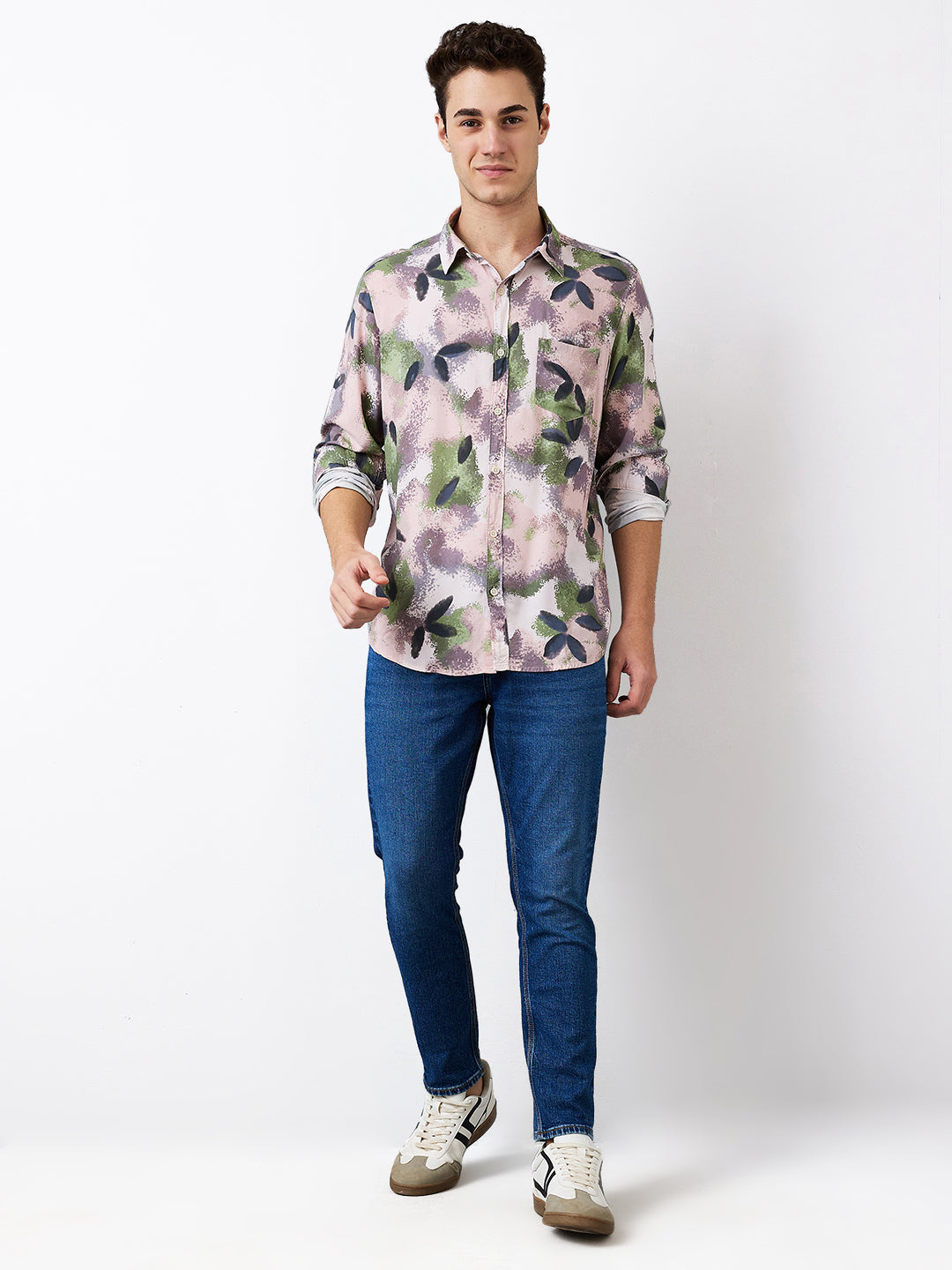 Spykar Pink Slim Fit Printed Full Sleeve Shirt For Men