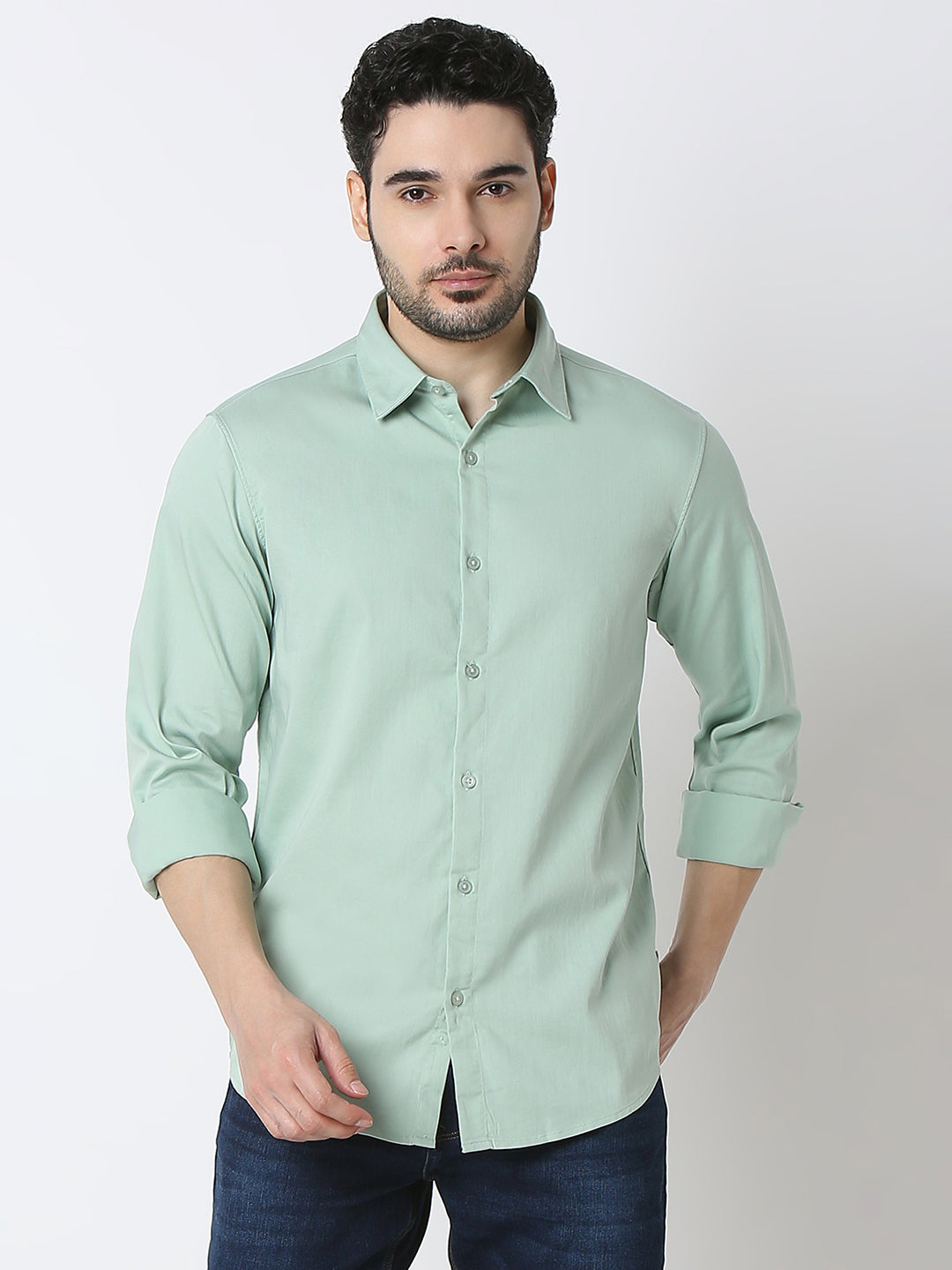 Spykar Sage Green 65%Cotton, 33%Poly, 2%Ly Slim Fit Shirts For Men