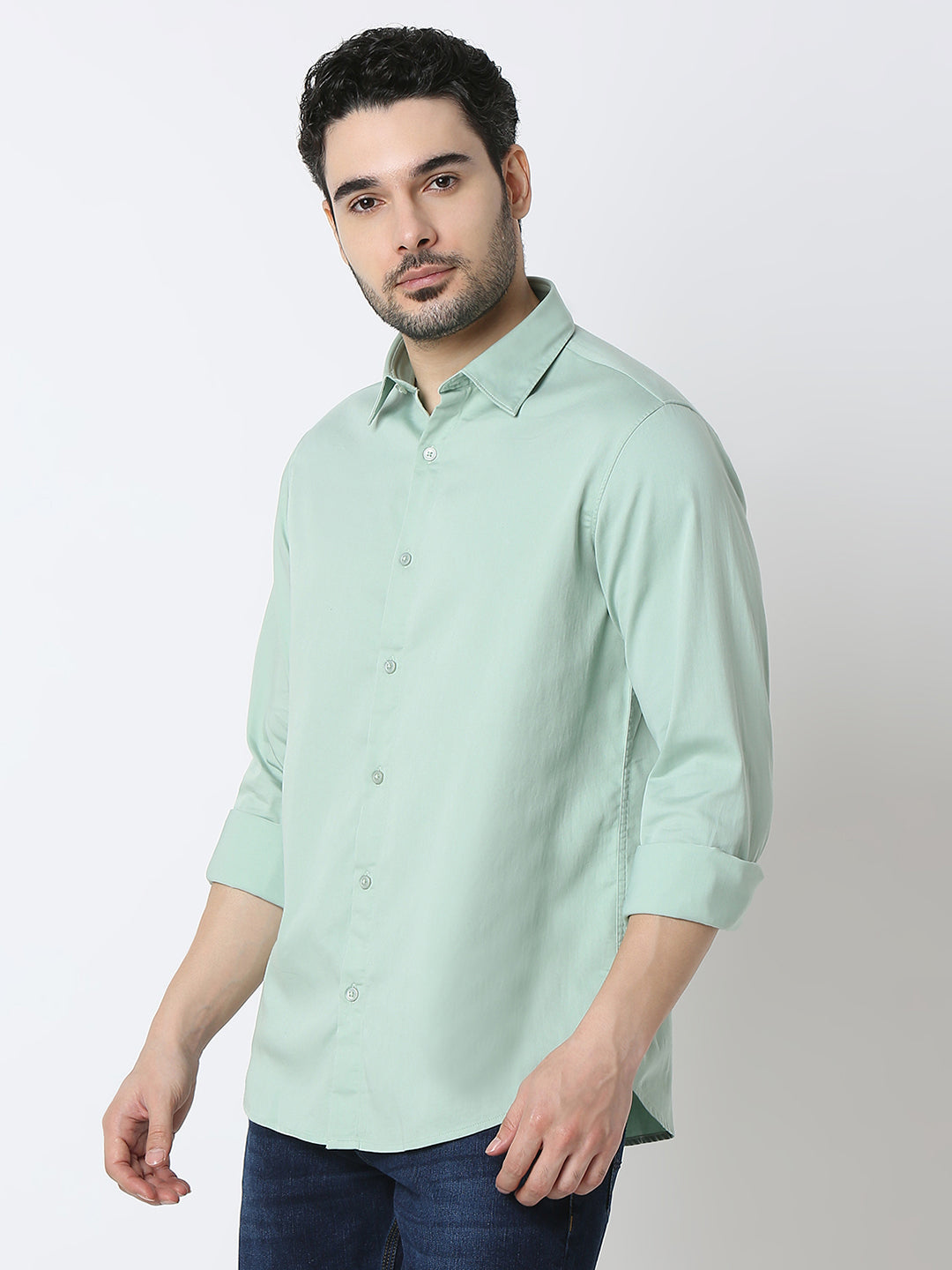 Spykar Sage Green 65%Cotton, 33%Poly, 2%Ly Slim Fit Shirts For Men