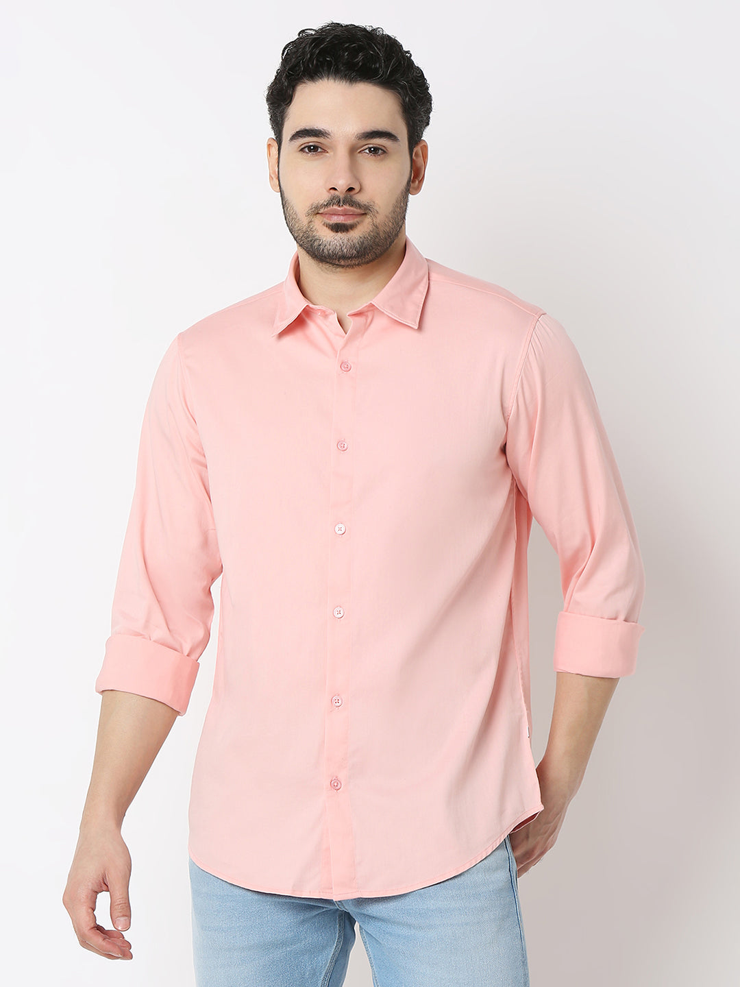 Spykar Rose Cloud Pink 65%Cotton, 33%Poly, 2%Ly Slim Fit Shirts For Men