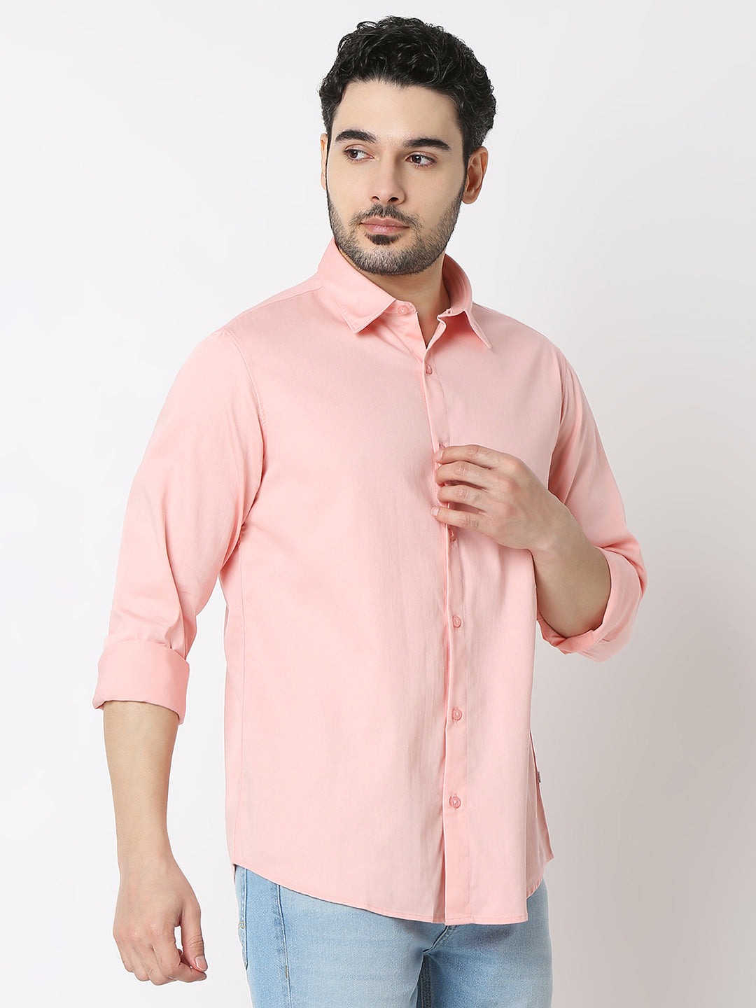 Spykar Rose Cloud Pink 65%Cotton, 33%Poly, 2%Ly Slim Fit Shirts For Men