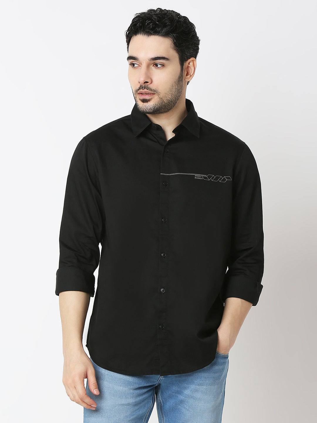 Spykar Black 65%Cotton, 33%Poly, 2%Ly Slim Fit Shirts For Men