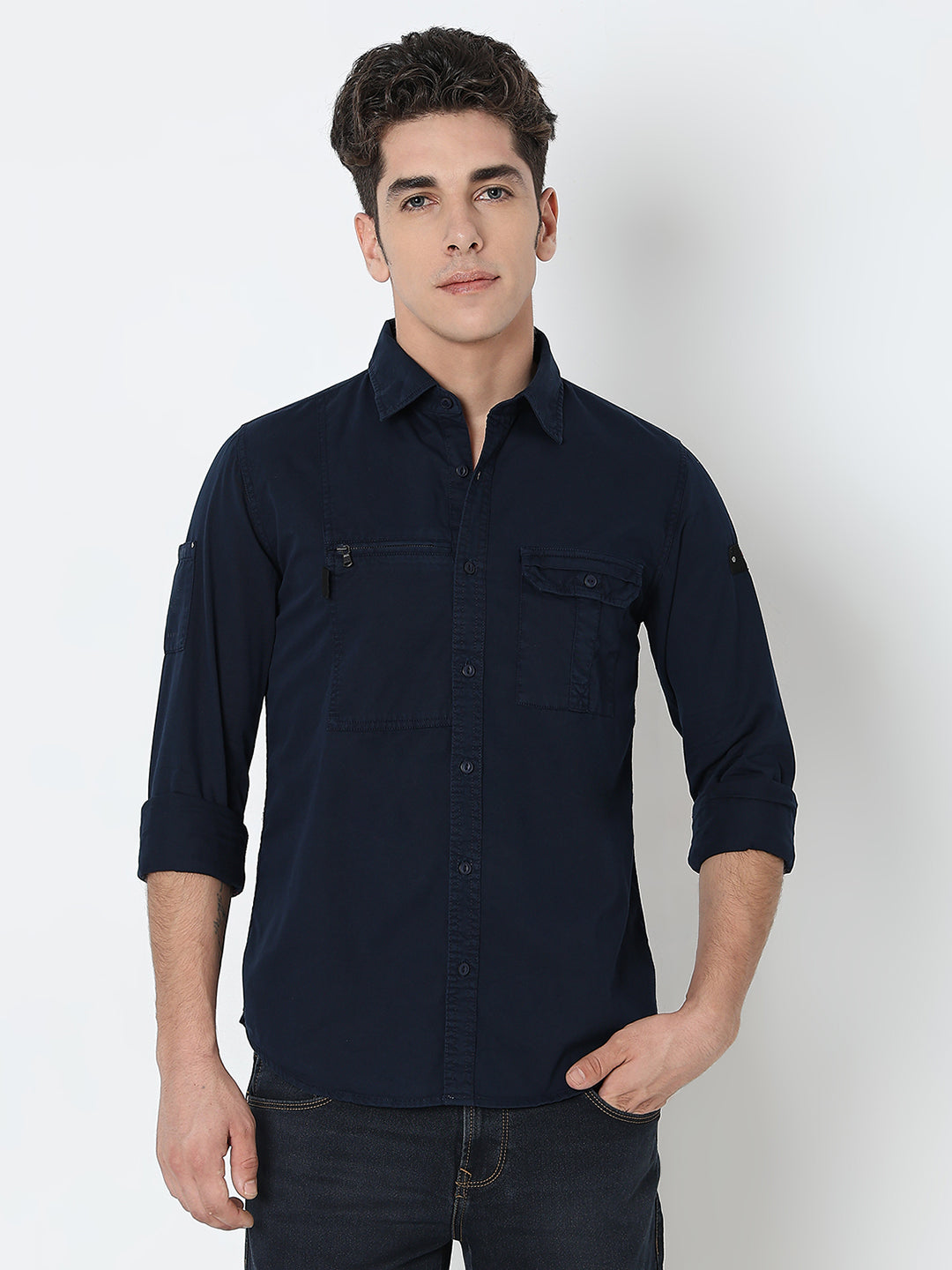 Spykar Blue Regular Fit Full Sleeves Cotton Solid Shirt For Men