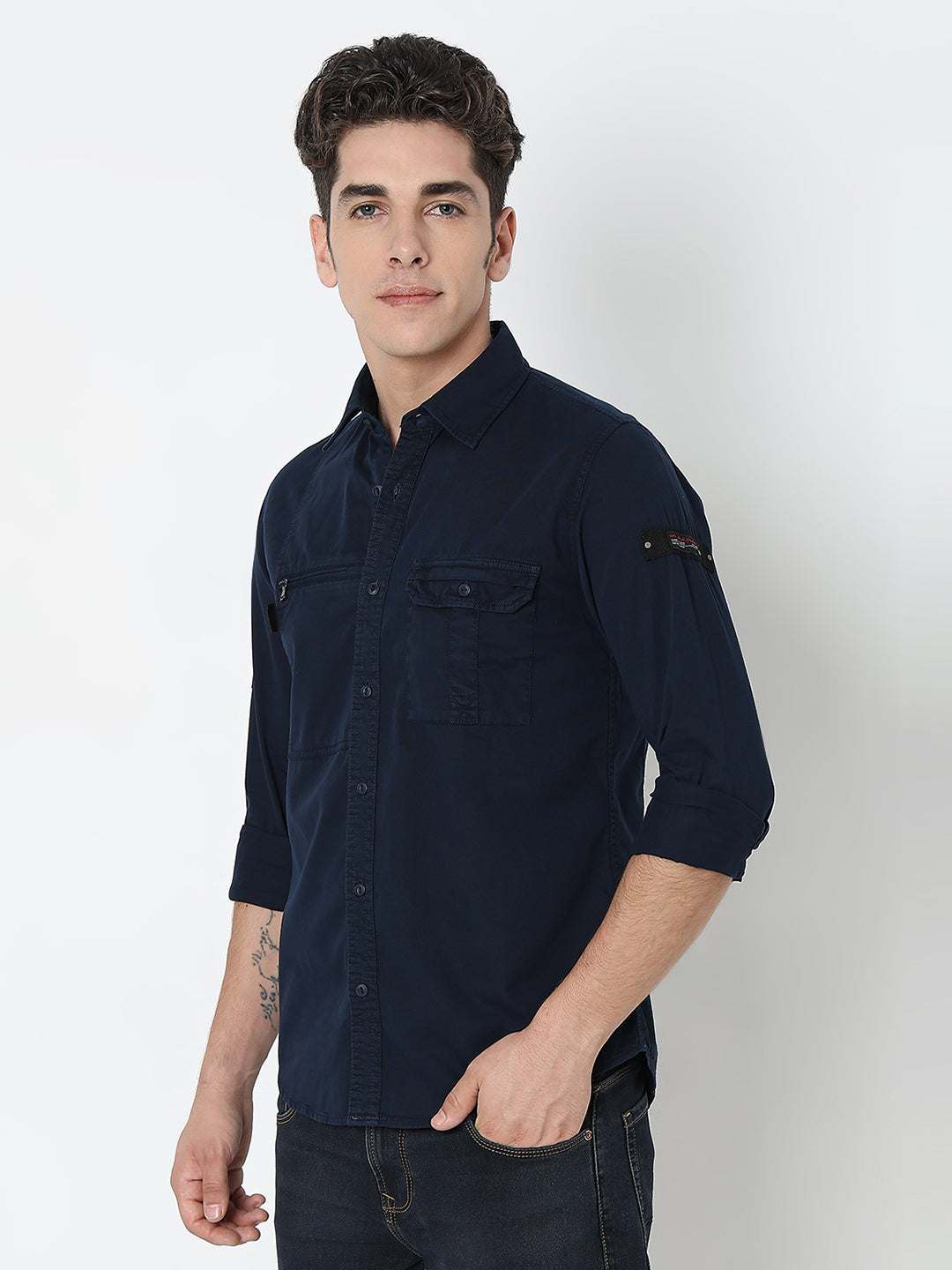 Spykar Blue Regular Fit Full Sleeves Cotton Solid Shirt For Men