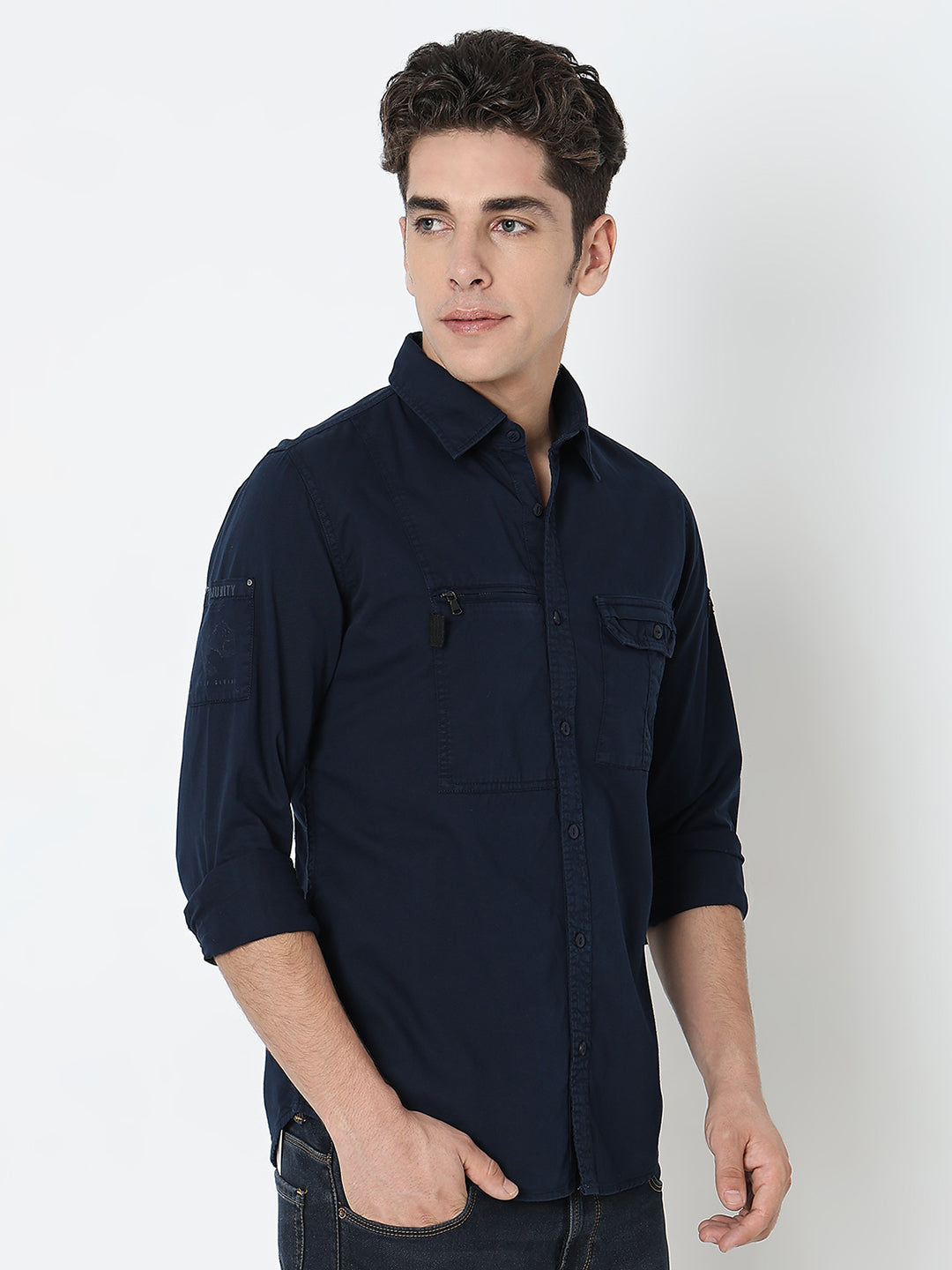 Spykar Blue Regular Fit Full Sleeves Cotton Solid Shirt For Men