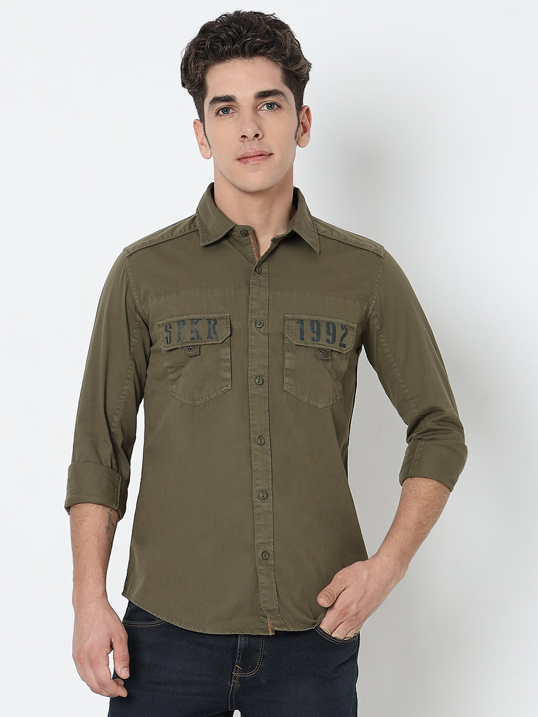 Spykar Green Regular Fit Full Sleeves Cotton Solid Shirt For Men