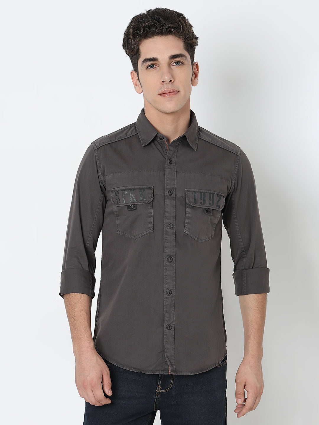 Spykar Grey Regular Fit Full Sleeves Cotton Solid Shirt For Men