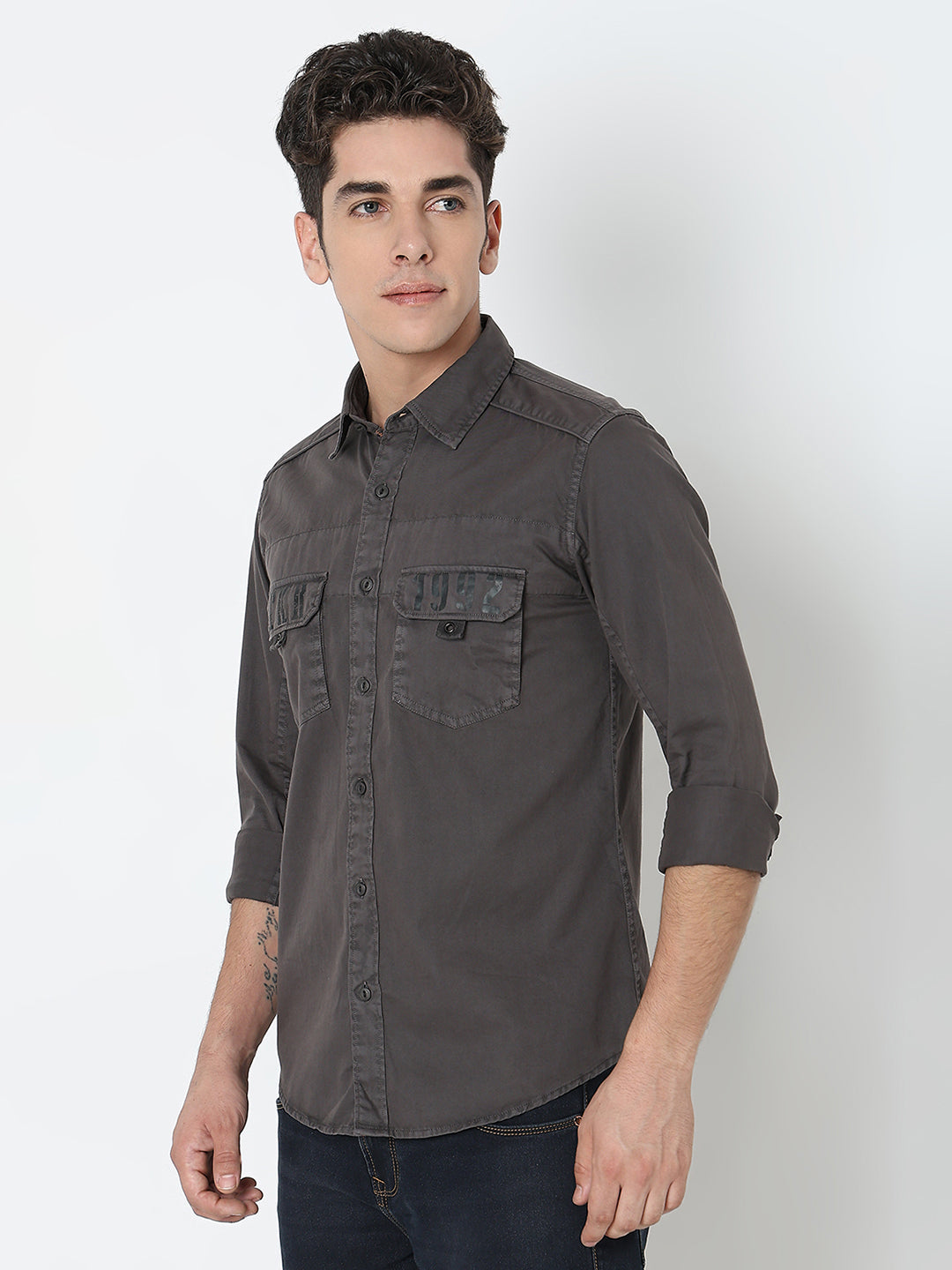 Spykar Grey Regular Fit Full Sleeves Cotton Solid Shirt For Men