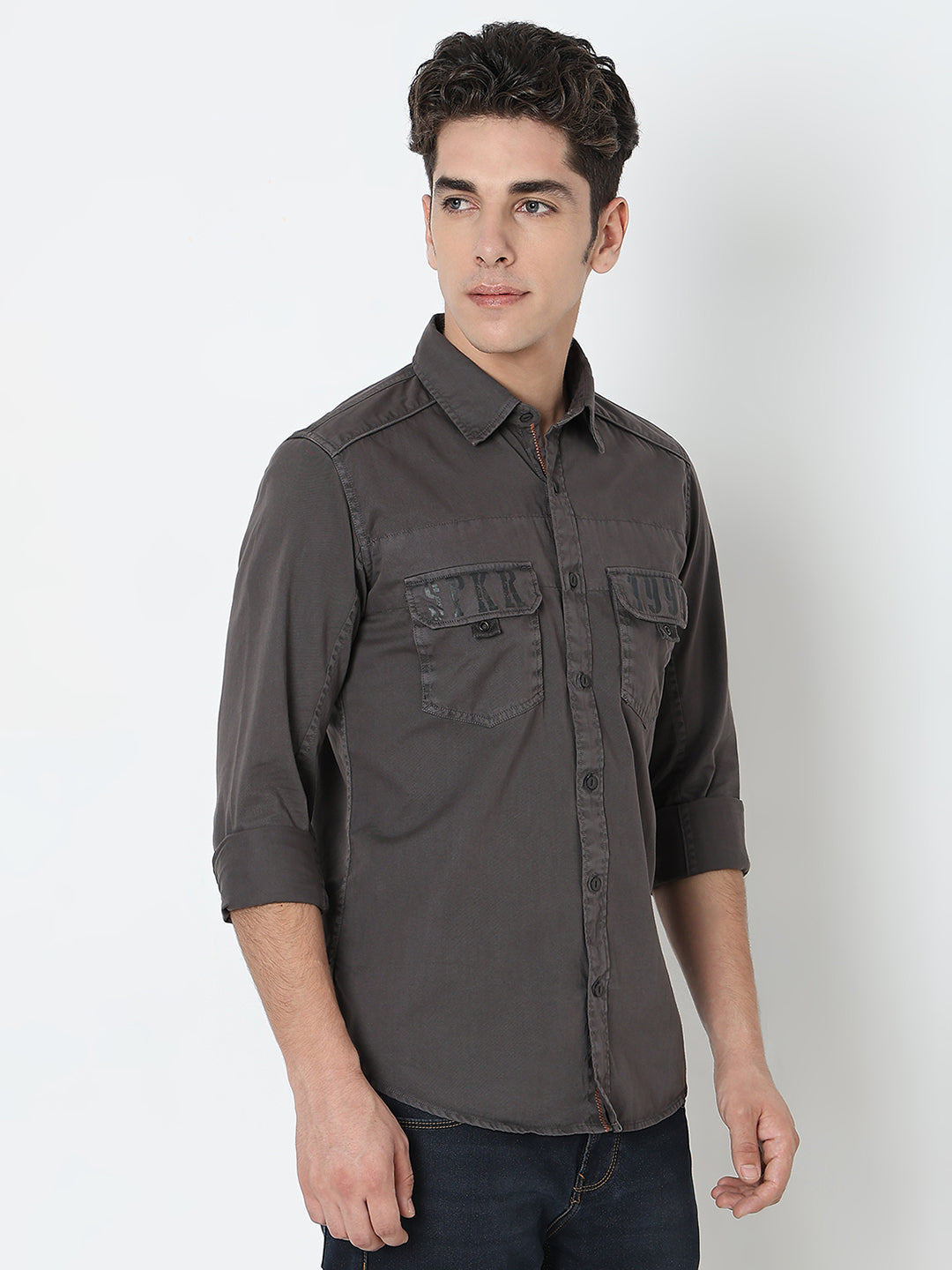 Spykar Grey Regular Fit Full Sleeves Cotton Solid Shirt For Men