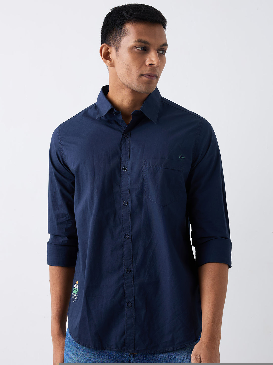 Spykar Navy Blue Regular Fit Casual Shirts For Men