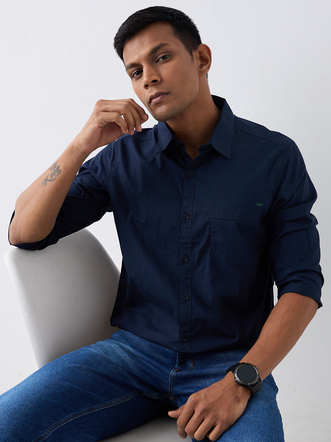 Spykar Navy Blue Regular Fit Casual Shirts For Men