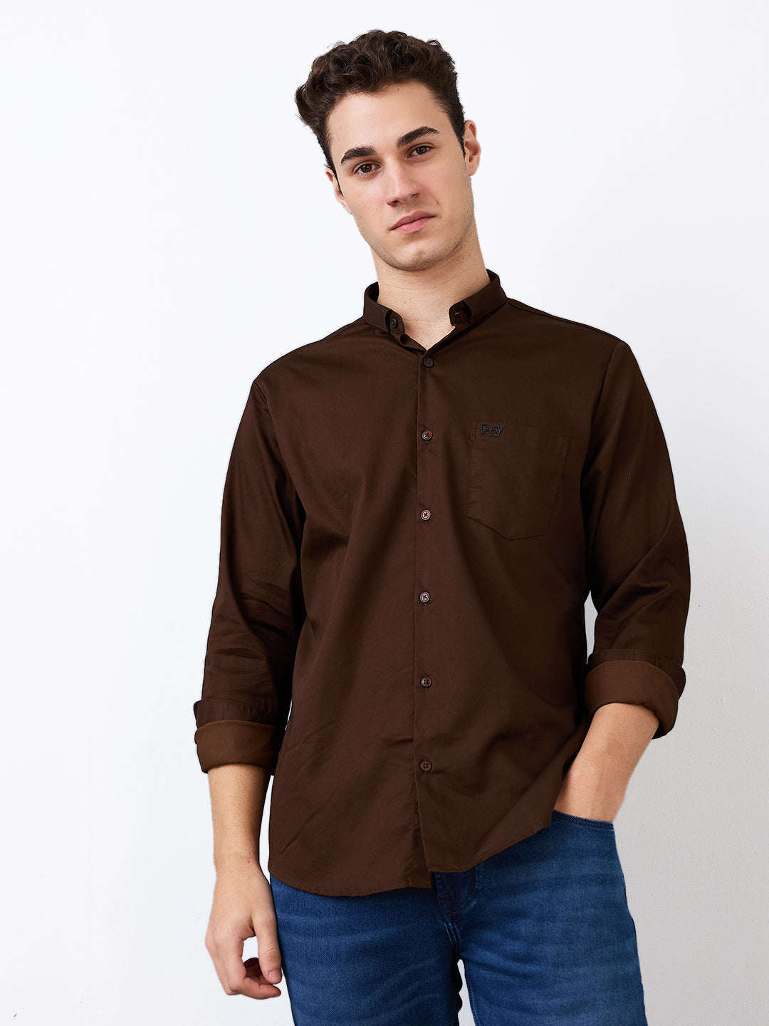 Spykar Brown Slim Fit Solid Full Sleeve Shirt For Men