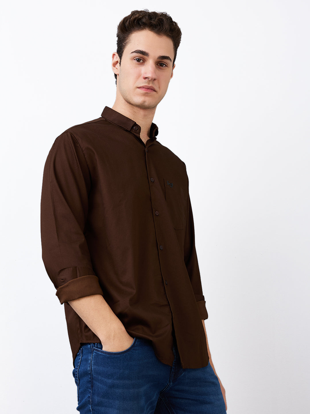 Spykar Brown Slim Fit Solid Full Sleeve Shirt For Men