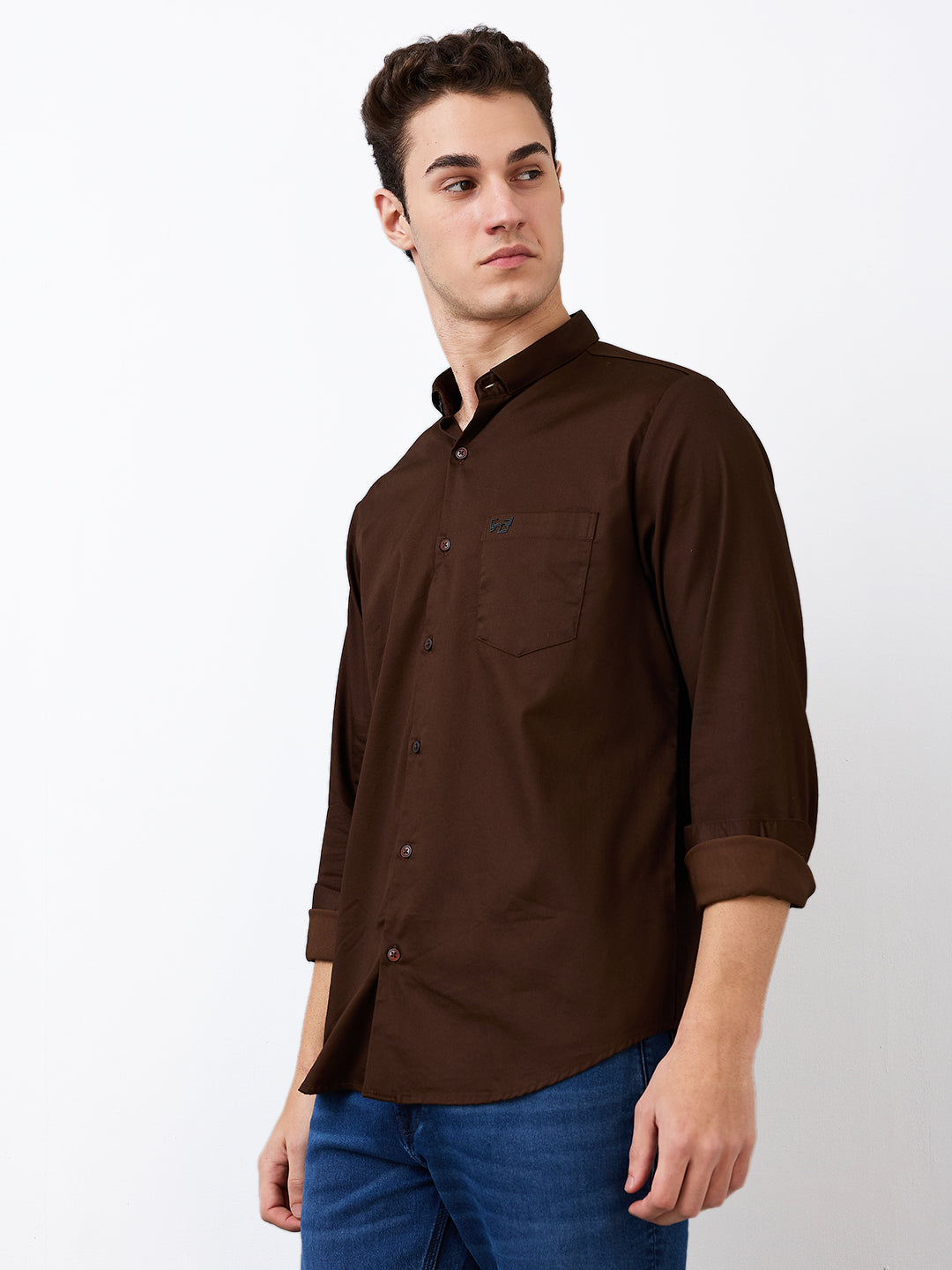 Spykar Brown Slim Fit Solid Full Sleeve Shirt For Men