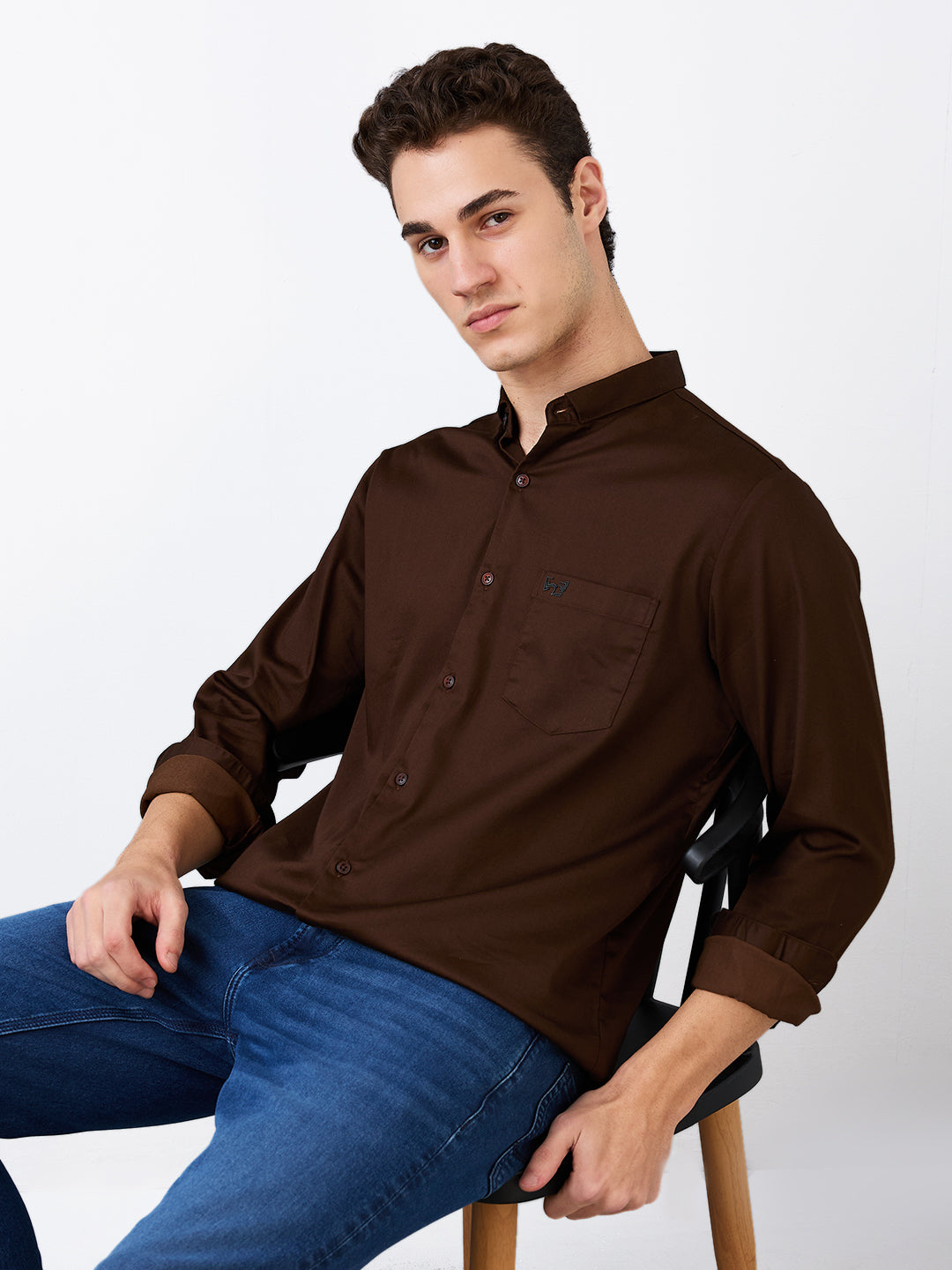 Spykar Brown Slim Fit Solid Full Sleeve Shirt For Men