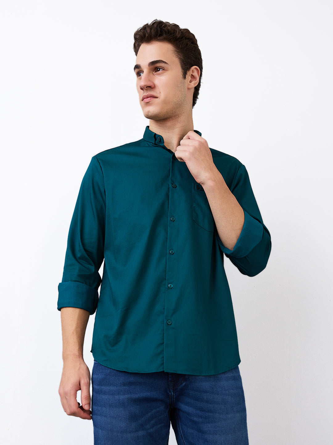 Spykar Green Slim Fit Solid Full Sleeve Shirt For Men