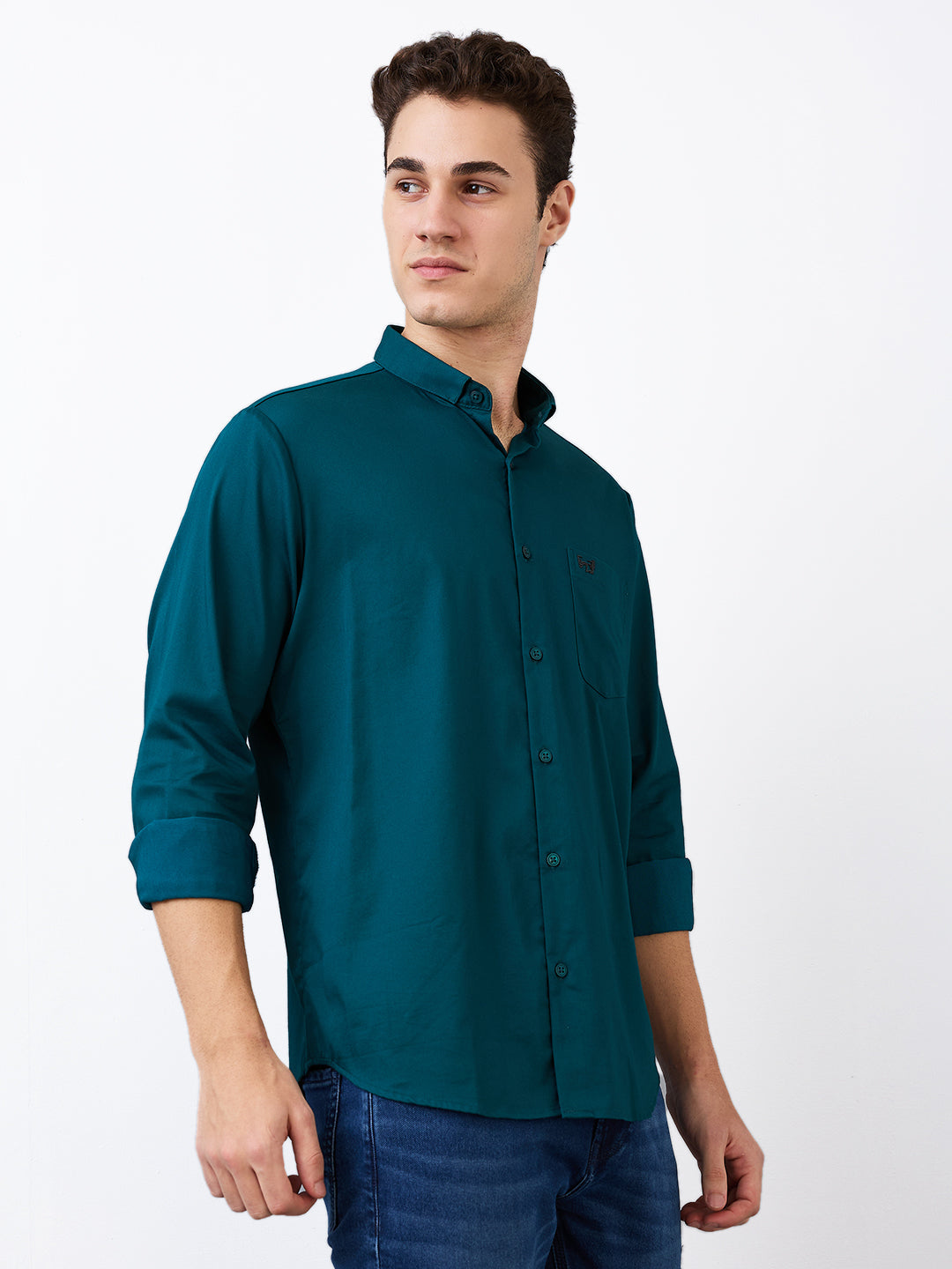 Spykar Green Slim Fit Solid Full Sleeve Shirt For Men