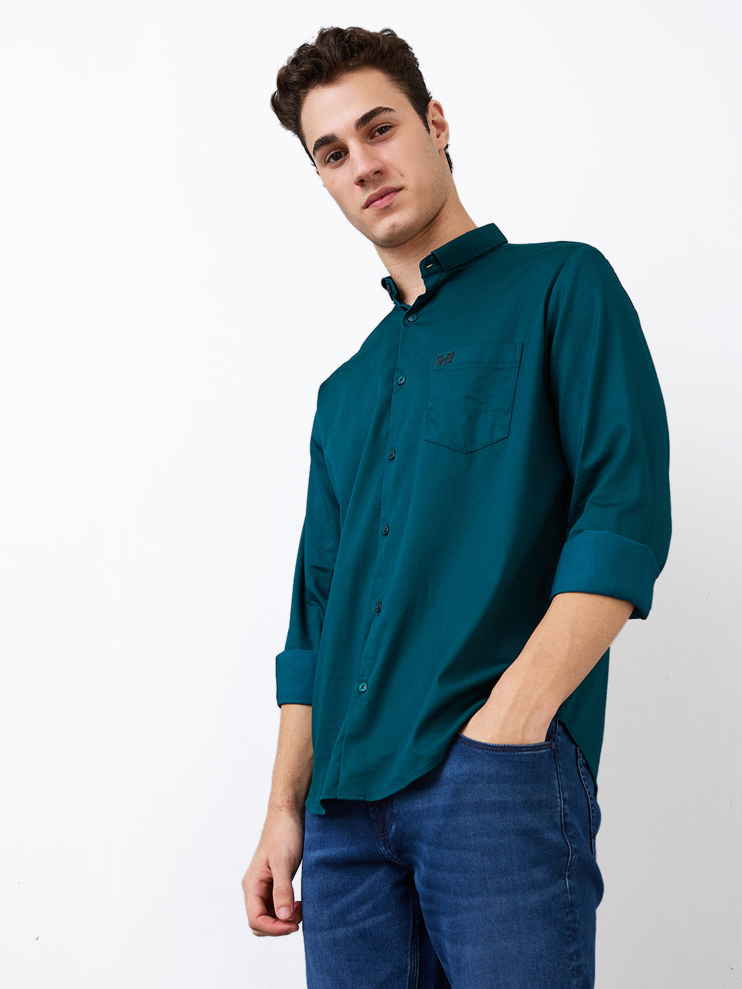 Spykar Green Slim Fit Solid Full Sleeve Shirt For Men