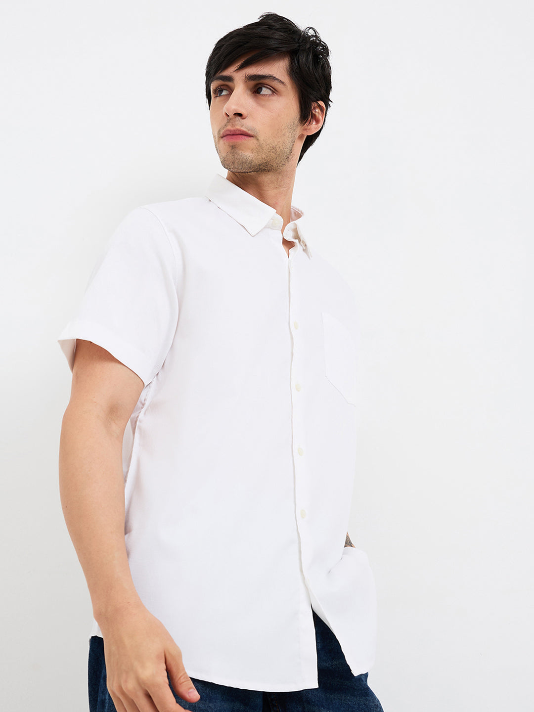 Spykar White Slim Fit Solid Half Sleeve Shirt For Men