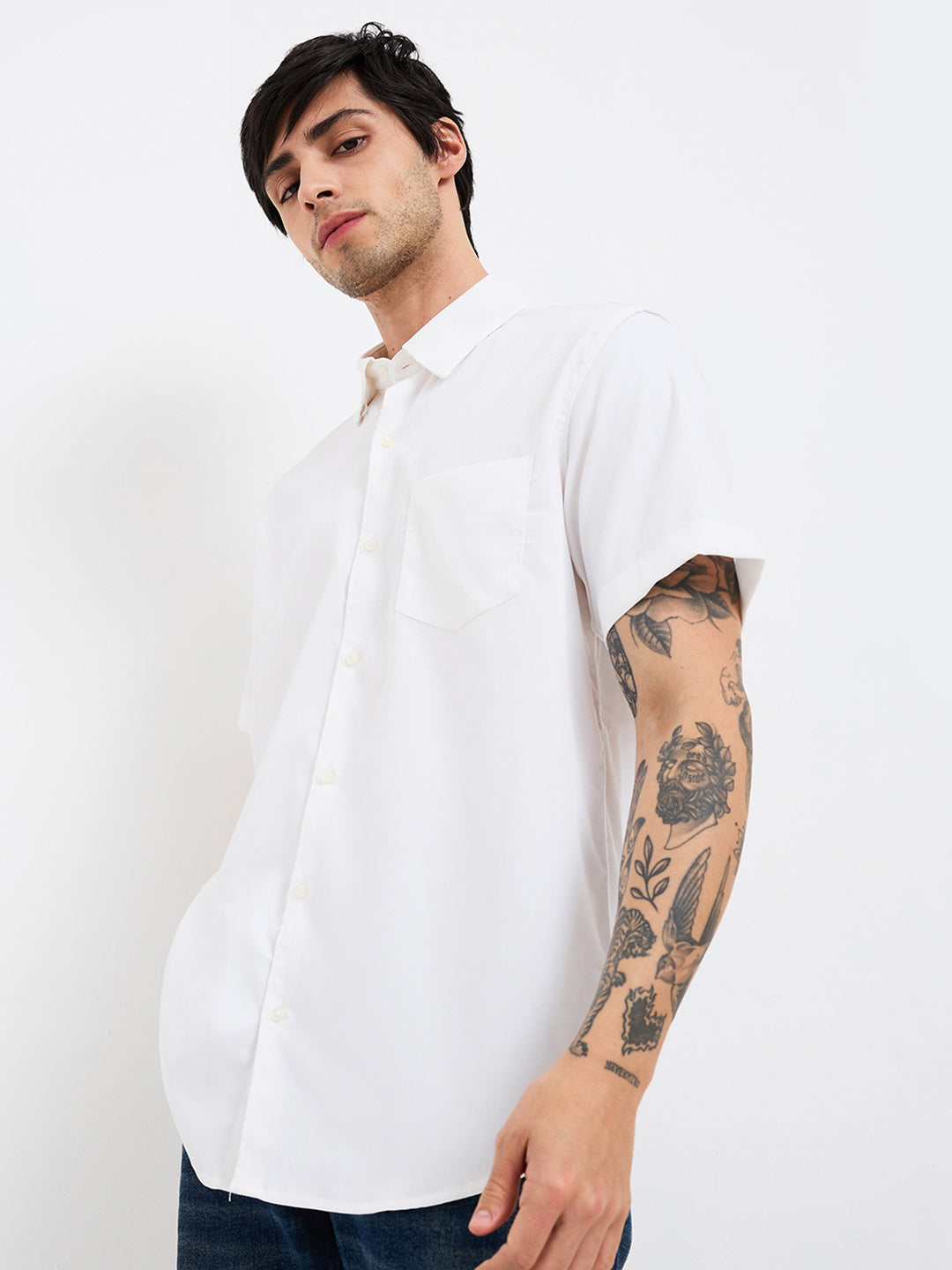 Spykar White Slim Fit Solid Half Sleeve Shirt For Men