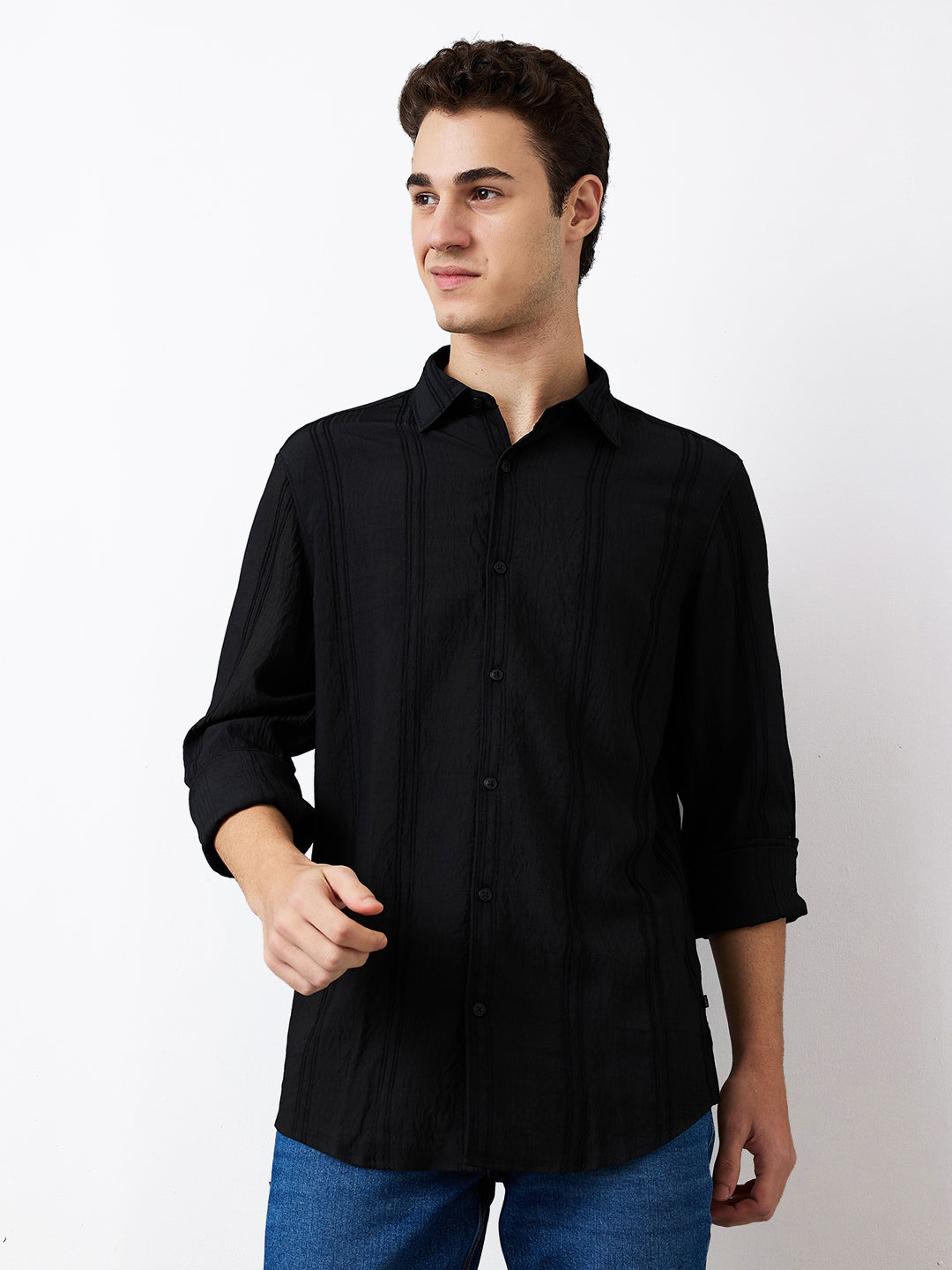 Spykar Black Slim Fit Solid Full Sleeve Shirt For Men