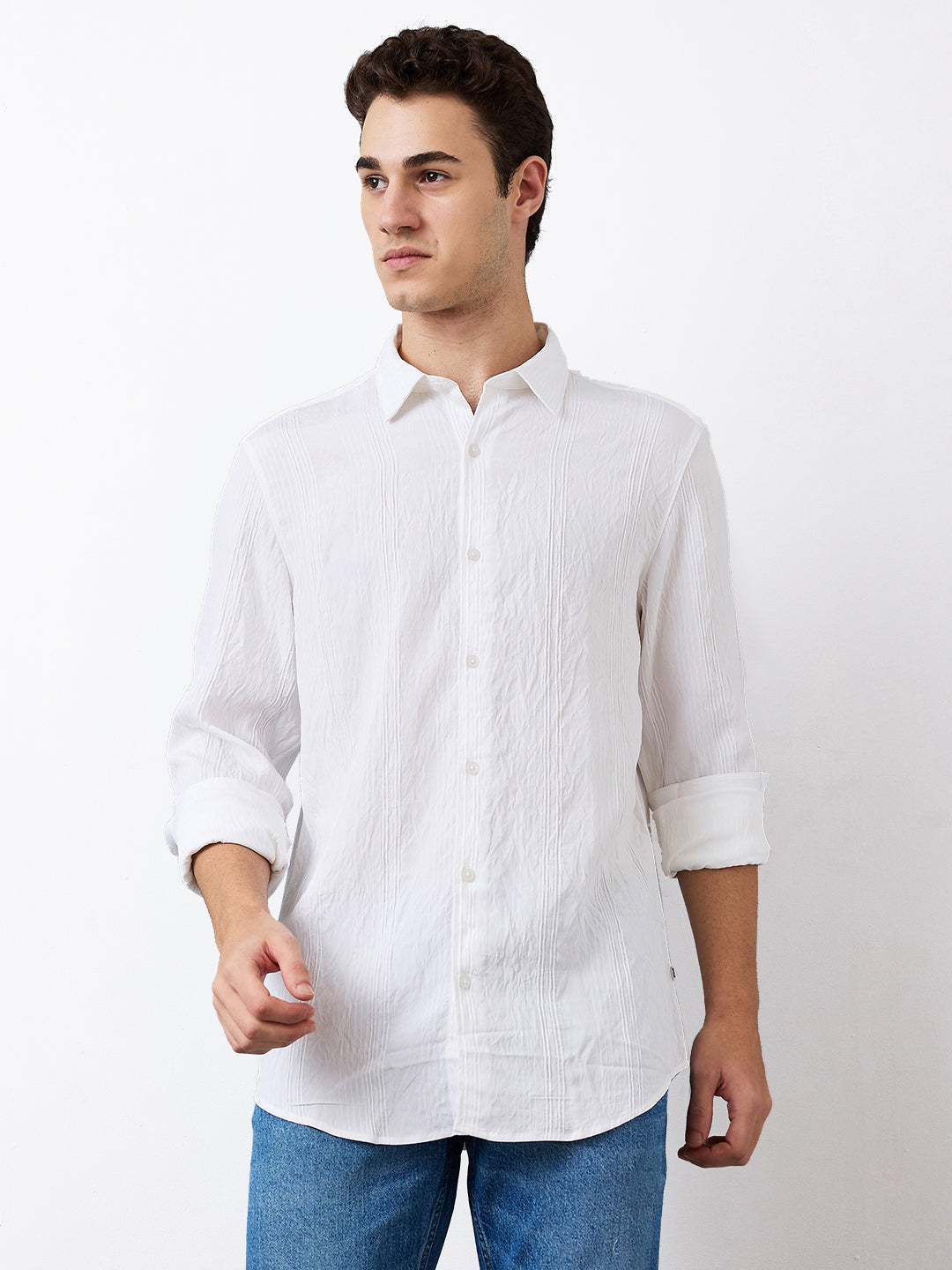 Spykar White Slim Fit Solid Full Sleeve Shirt For Men