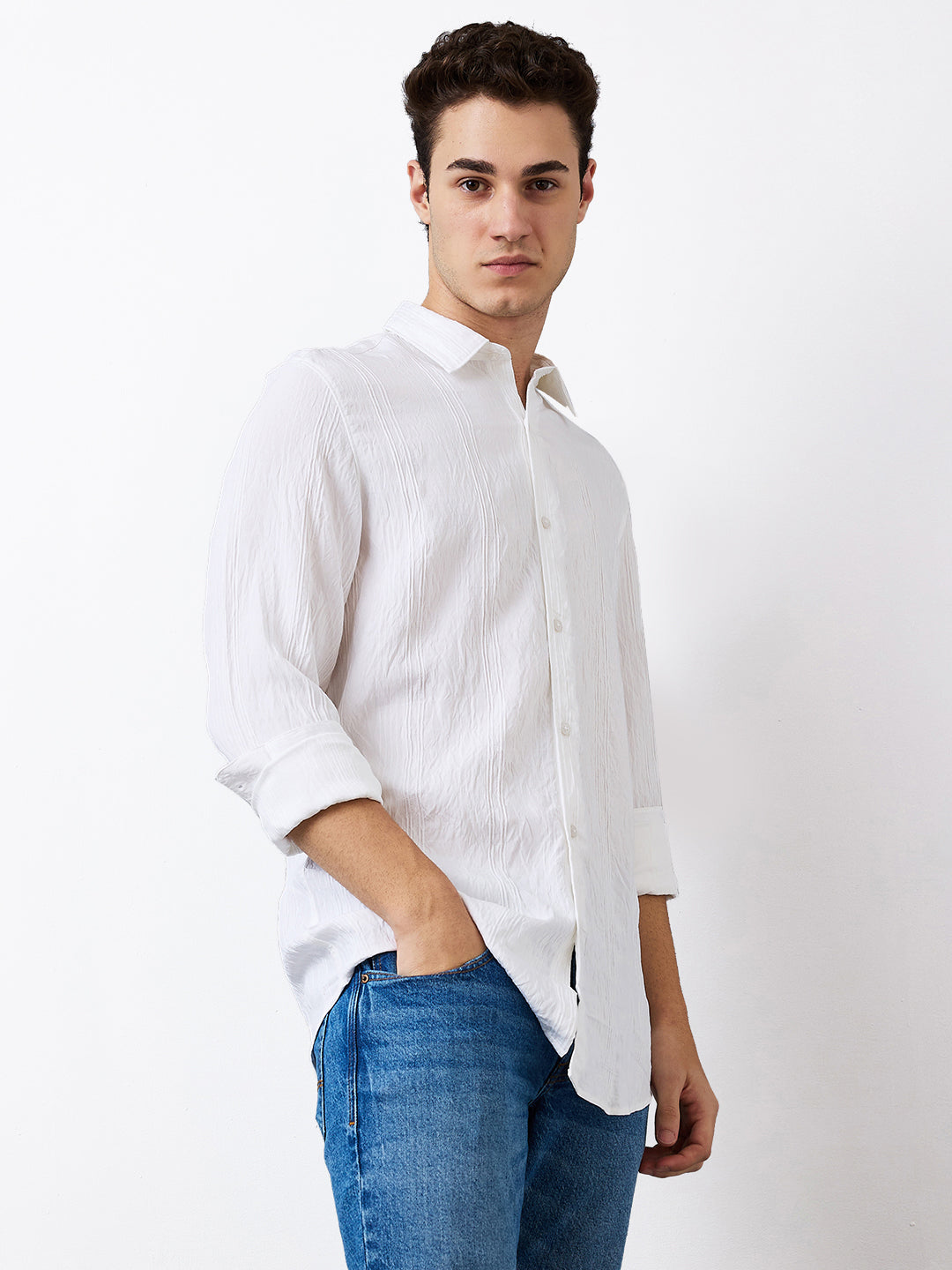 Spykar White Slim Fit Solid Full Sleeve Shirt For Men